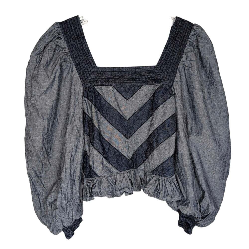 Anthropologie Love the Label Smocked Puff-Sleeve Blouse in Blue Denim Size XS